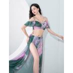  Berry танцевальный костюм комплект костюм сетка принт симпатичный Berry танцевальный костюм комплект внутренний брюки имеется двойной разрез длинный длина юбка off плечо верх 