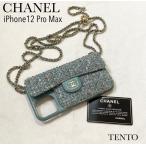 CHANEL Chanel iPhone12 Pro Max кейс цепь плечо твид здесь Mark голубой 