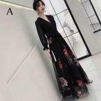 パーティードレス かっこいい 個性的 ロング 黒 袖あり 花柄 レース 大きいサイズ きれい 透け感 長袖 韓国 演奏会 ロングドレス フォーマル