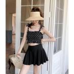 水着レディース タンキニ水着 タンキニ 体型カバー ビキニ水着 韓国 ハイウエスト ドット柄 スカート ビスチェ 大きいサイズ 黒 可愛い 20代 30代