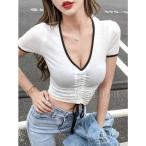 Vネック 胸元セクシー Tシャツ 半袖 タイトフィット レディース 夏 トップス 着痩せ セクシー へそ出し ショート丈 伸縮性 スレンダーライン