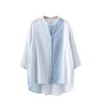 トップス シャツ ｔシャツ レディース 7分袖 夏 薄手 コットンシャツ ストライプ柄 シャツブラウス 前開け vネック 綿 ゆったり 体型カバー 涼しい 40代 30代
