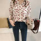 ショッピングさくらんぼ ブラウス シャツ 長袖 ホワイト さくらんぼ柄 大きいサイズ カジュアル かわ大