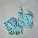 Satin Inner Set グリーン3点セット サテンライクインナーセットアップ ルームウェア レディース Mフリー パジャマ 春夏 シルク調 韓国 おしゃれ