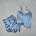 Satin Inner Set サックスブルー3点セット サテンライクインナーセットアップ ルームウェア レディース Mフリー パジャマ 春夏 シルク調 韓国 おしゃれ