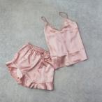Satin Inner Set ピンク3点セット サテンライクインナーセットアップ ルームウェア レディース Mフリー パジャマ 春夏 シルク調 韓国 おしゃれ