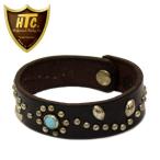 HTC(Hollywood Trading Company) #SN-32 TQ 0.75inch  FLOWER Bracelet ブレスレット ブラックレザーxシルバースタッズxターコイズ