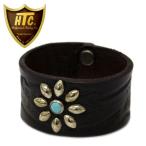 HTC(Hollywood Trading Company) #EMB12 FL TQ 1.25inch Bracelet ブレスレット ブラックレザーxシルバースタッズxターコイズ