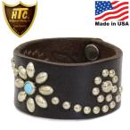 HTC(Hollywood Trading Company) Bracelet #25 Turquoise 1.25インチ ブレスレット ブラックレザーxシルバースタッズxターコイズ