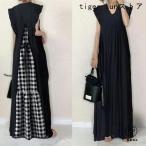 マキシワンピース レデイース 夏ロングワンピース きれいめ 春 夏 チェック柄 レイヤード風 vネック 切り替え リゾート ワンピ 大きいサイズ