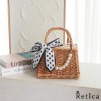 カゴバック ハンド バッグ ブラウン スクエア パールチャーム付き ドット スカーフ かごバッグ