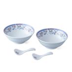 NARUMI(ナルミ) ラーメン丼 青花 20cm ブルー 花柄 2人用 4ピース入り かわいい レンゲ付 ラーメンどんぶり 麺丼 電子レンジ温め 食