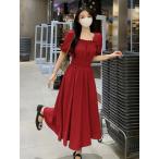 ワンピースレディース シフォンワンピース 赤 無地ワンピース 夏 半袖 フレア袖 スクエアネック 膝丈ワンピース 20代30代40代 通勤 食事会 お出かけ 着痩せ