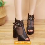 サマーブーツ サンダル オープントゥ 太ヒール レディース 通気性 メッシュ ブーツサンダル 8cmヒール バッグジッパー 歩きやすい ブーツ グラディエーター