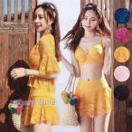 水着レディース 体型カバー 水着3点セット セパレート レース ブラウス キュロット 小胸バンドゥビギニ 韓国風 40代 スイムウェア 温泉 ママ