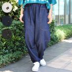 デニム切替テーパードパンツ / デニムパンツ ペインターパンツ 秋 冬 ロング丈 フルレングス バルーン ジーンズ生地 ツイル生地 ウエストゴム レディース