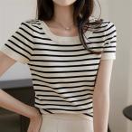 Tシャツ サマーニット ティーシャツ ニットソー ストライプ柄 半袖 春 夏 トップス レディース