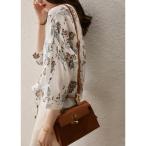 花柄シフォンブラウス レディース 半袖 七分袖 シフォン ブラウス チュニック ボタニカル地 花柄 トップス カットソー 春 秋 フォーマル オフィス