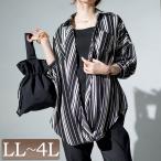 大きいサイズ レディース トップス シャツ カシュクール ランダムストライプ 長袖 通勤 春コーデ 春 夏 秋 F フリー LL 2L 3L 4L ブラック ゴールドジャパン