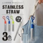 ストロー ステンレスストロー 3本セット 伸縮式 洗浄ブラシ フック付きキャップ付属 マイストロー 携帯用 繰返し 送料無料/メール便 S◇ 携帯ストロー3色セット
