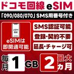 eSIM版【SMS認証可】docomo プリペイド 1GB/月(開通月+1カ月) 最大2カ月 即日開通 SMS受信のみ 4G/LTE データ専用・繰越/延長/チャージ/残量確認 LINEサポート