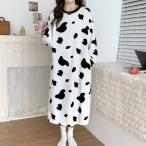 ルームウェア ワンピース もこもこ 部屋着 レディース 春冬 可愛い 牛柄 ふわふわ モコモコ パジャマ ワンピース ロング ネグリジェ 寝巻き 寝間着 もこもこ
