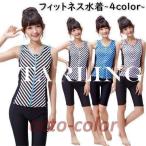フィットネス水着 セパレート レディース 2点セット 上下セット スイムウェア ノースリーブ ハーフパンツ スイムパンツ ジップアップ ボーダー柄 セ