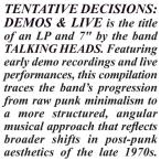 Talking Heads Tentative Decisions: Demos &amp; Live [LP+7inch]<Clear &amp; Black Vinyl> LP