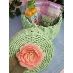 ギフトセット　（　ラウンドバスケットセット　フラワー蓋付　グリーン　）　ロクシタンローズ　ウォッシュタオル　ハンドソープ　当店オリジナル！