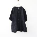 ショッピング水玉 美品 ツチエ TUTIE ドットジャガード バンドカラーリネン半袖シャツ ブラック┃水玉ブラウス トップス 麻素材 ドルマン【2400014673081】