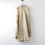 美品 バスコ ハドウ BASCO haddow スタンドフリルストライプノースリーブシャツワンピース 2＼ベージュ ドレス フレア【2400014730302】