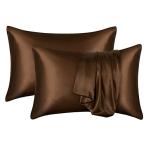 枕カバー ２枚セット サテンの枕カバー 封筒式ピローケース 美肌 美髪 両面シルクタイプ 滑らかな材質 静電気防止 35*50, ブラウン