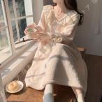 ルームウェア もこもこ パジャマ レディース ワンピース 冬 暖かい 部屋着 長袖 リボン付き 大人可愛い おしゃれ ねまき 姫系 ネグリジェ ロング丈 ゆったり