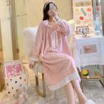 パジャマ ネグリジェ 姫系 お嬢様 プリンセス風 レース付き スクエアネック リボン 長袖 ルームワンピース もこもこ あったか 部屋着 寝間着 大人可愛い