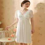 [WOJIAN]ナイトウェア ネグリジェ 寝巻き 半袖 レディース ルームウェア アンダーウェア エレガント フェミニン 大人可愛い ロング パジャマ ミセス Vネック