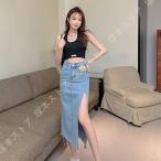 デニム シフォン グラデーション スカート レディース マキシ丈 Aライン ハイウエスト おしゃれ 大きいサイズ ロングスカート 美脚見せ 着回し 前開き 無地