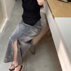 レディース ロング デニム スリット スカート 大きいサイズ ショート丈 Aライン ゆったり 夏 ストレッチ エレガント 着痩せ OL ロング丈 カジュアル オシャレ