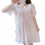 ネグリジェ ルームワンピース ロング Vネック チュール レース エレガント 半袖 蝶結び フリル 可愛い お姫様系 ゆったり 便利服 春 夏 秋 ルームウェア