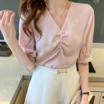 ブラウス vネック パール パフスリーブ ギャザー レディース トップス 洗える ウォッシャブル Tブラウス Tシャツ 5分袖 ポワン袖 可愛い スーツ ジャケット
