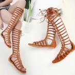 レディース クラシック グラディエーターサンダル ロング ブーツサンダル ローヒール ロングブーツ サンダル 歩きやすい グラディエーター ぺたんこ フラット