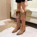 ショッピングウエスタン ウエスタンブーツ ライダースブーツ ロングブーツ レディース ジョッキーブーツ エンジニアブーツ 疲れない ブーツ 刺繍 履き口 ゆったり ローヒール ぺたんこ