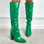ニーハイブーツ エナメル レディース チャンキーヒール ロングブーツ ハイヒール 11cm 美脚 膝丈ブーツ 小さいサイズ ポインテッドトゥ サイドジップ 痛くない