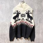古着 used　長袖ノルディック柄カウチンニット　セーター　ハイネック　レトロデザイン　トナカイ　鹿　白　黒　秋冬服