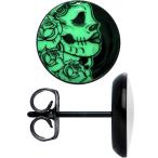 Body Candy Black Anodized Stainless Steel Post Gothic Rose Skull Glow