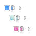 Sterling Silver Created White Pink and Blue Opal 5x5mm Square Stud Ear