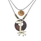 JJTZX Wood Simple Circle Pendant With Cute Charms Long Leather Necklac