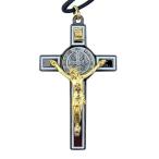 Black Enamel Gold Tone Saint Benedict Icon Cross Crucifix Pendant, 3 I