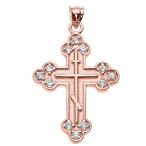 14k Rose Gold Diamond Eastern Orthodox Cross Pendant