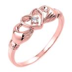High Polish 10k Rose Gold Diamond Solitaire Claddagh Ring (Size 10.75)