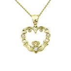 Fine 14k Claddagh Heart Pendant Necklace with Diamond in Yellow Gold w